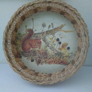 Reed basket Squirrel Nature 12" round 3 1/2" Handmade Signed